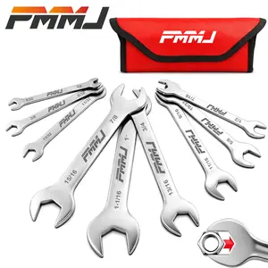 PMMJ 9pcs Super Thin Open End Wrench Set, SAE 1/4"-1-1/16", 3mm Slim Profile Thin Wrenches, Stainless Steel Flat Wrench Set with Rolling Pouch, Ultra Slim for Narrow & Tight Spaces, Automotive, HVAC, Motorcycle & Home Repair