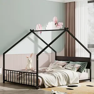 Black Full-Size Kids' House Bed with Iron & Particleboard Frame, 450lbs Load Capacity, LED Lights Canopy, Low-Profile Safe Floor Design, 13 Slat Supports, 4 Color Lighting Modes, Easy Setup