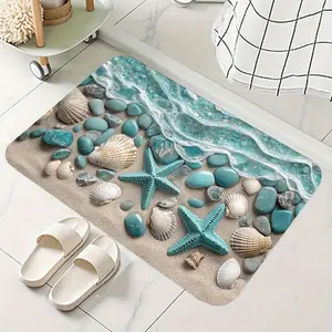 Coastal Seashell & Starfish Flannel Bath Mat – Relaxing beach scene with realistic seashells, starfish, and gentle waves, fresh & calming vibe, Non-Slip Indoor Mat for bathrooms, powder rooms & coastal-inspired home decor, Bathroom Floor Mat