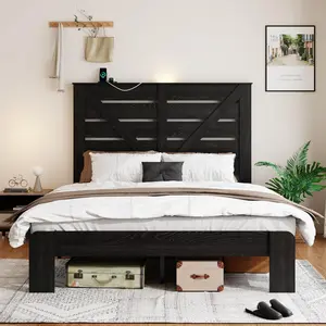 Queen Size Bed Frame with Headboard, Farmhouse Style Platform Bed with LED Lights & USB Charging, No Box Spring, Easy Assembly, Black Frame and Headboard Modern Bedroom Sets (Classic Black, Queen)