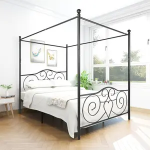 Metal Canopy Bed Frame with Vintage Style Headboard & Footboard , Easy DIY Assembly All Parts Included, Queen Black-W84036133