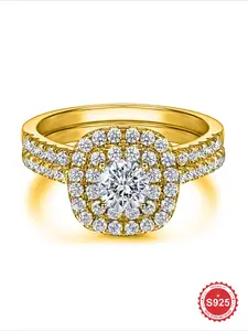2 Pc/set Fashionable Romantic Zircon Square Halo Engagement Rings For Women Real S925 Sterling Silver Eternal Promise Wedding Ring Ladies Fine Jewelry Anniversary Gift Girlfriend Gift Birthday Gift Dating Gift Valentine's Day Gifts