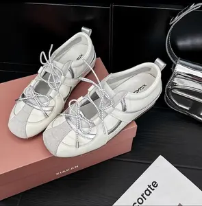 Women’s lace-up ballet sneakers, retro silver casual shoes, comfortable everyday footwear 2026
