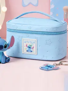 Disney Stitch Makeup Bag in Light Blue, Cartoon Storage Pouch with Handle, Travel Toiletry Organizer for Cosmetics & Stationery, Must-Have for Stitch Fans