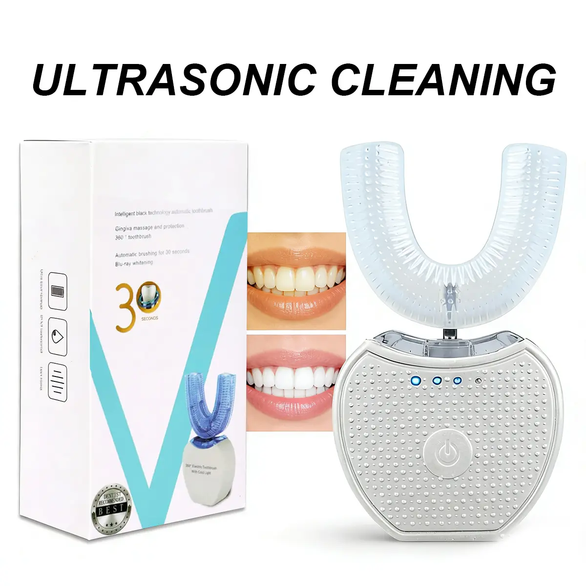Automatic U-Shaped Electric Toothbrush, 360° Ultrasonic Cleansing for Daily Smart Oral Care, Hands-Free with Blue Light, 3 Adjustable Modes, USB Rechargeable, Rechargeable Electronic Toothbrushes, Antibacterial