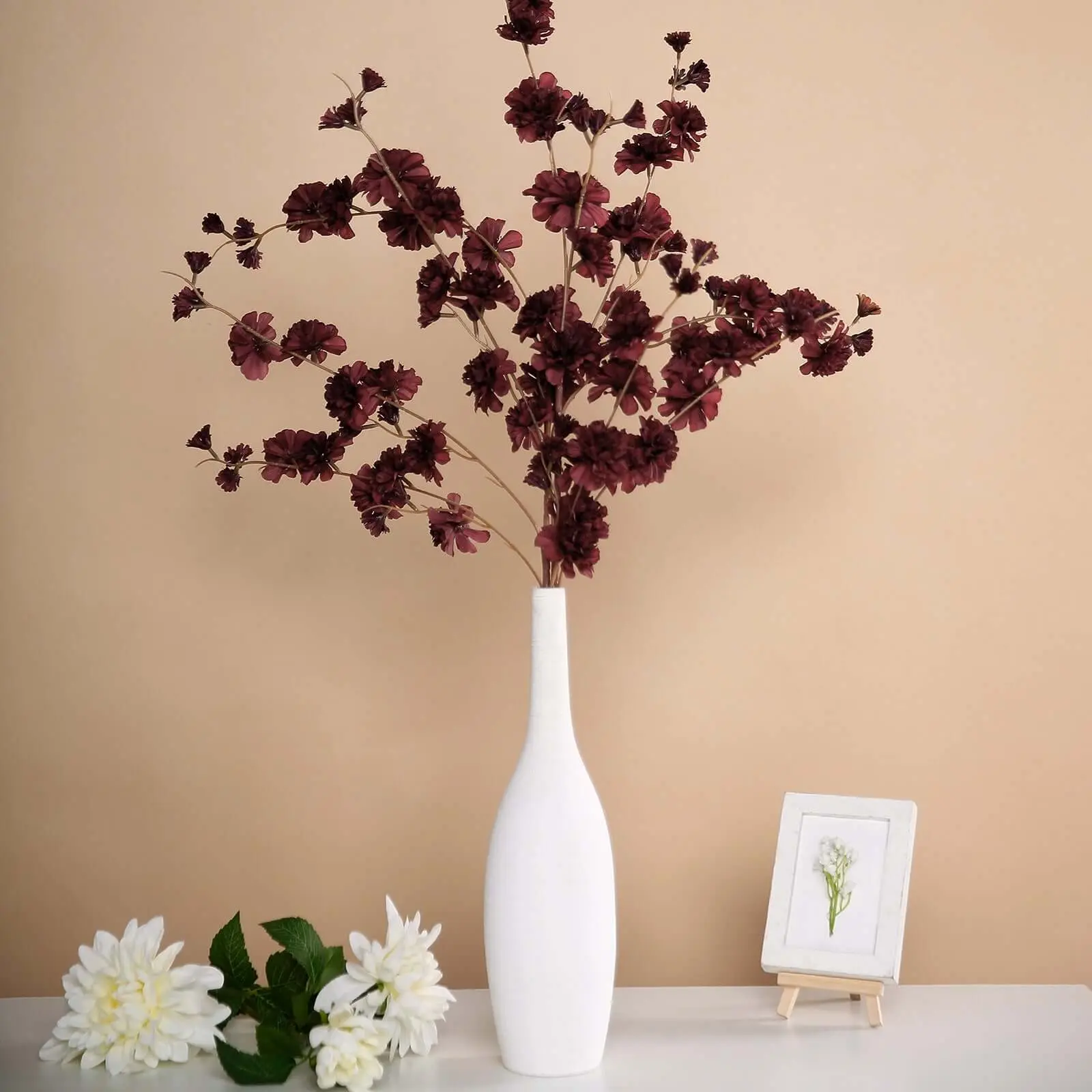 Burgundy Artificial Silk Carnation Flower Stems - 5 Pieces, 2 Branches, 42 in (40 – 49 In Range), Decorative Event-Ready Blooms for Home Decor, Party Floral Arrangement Supplies