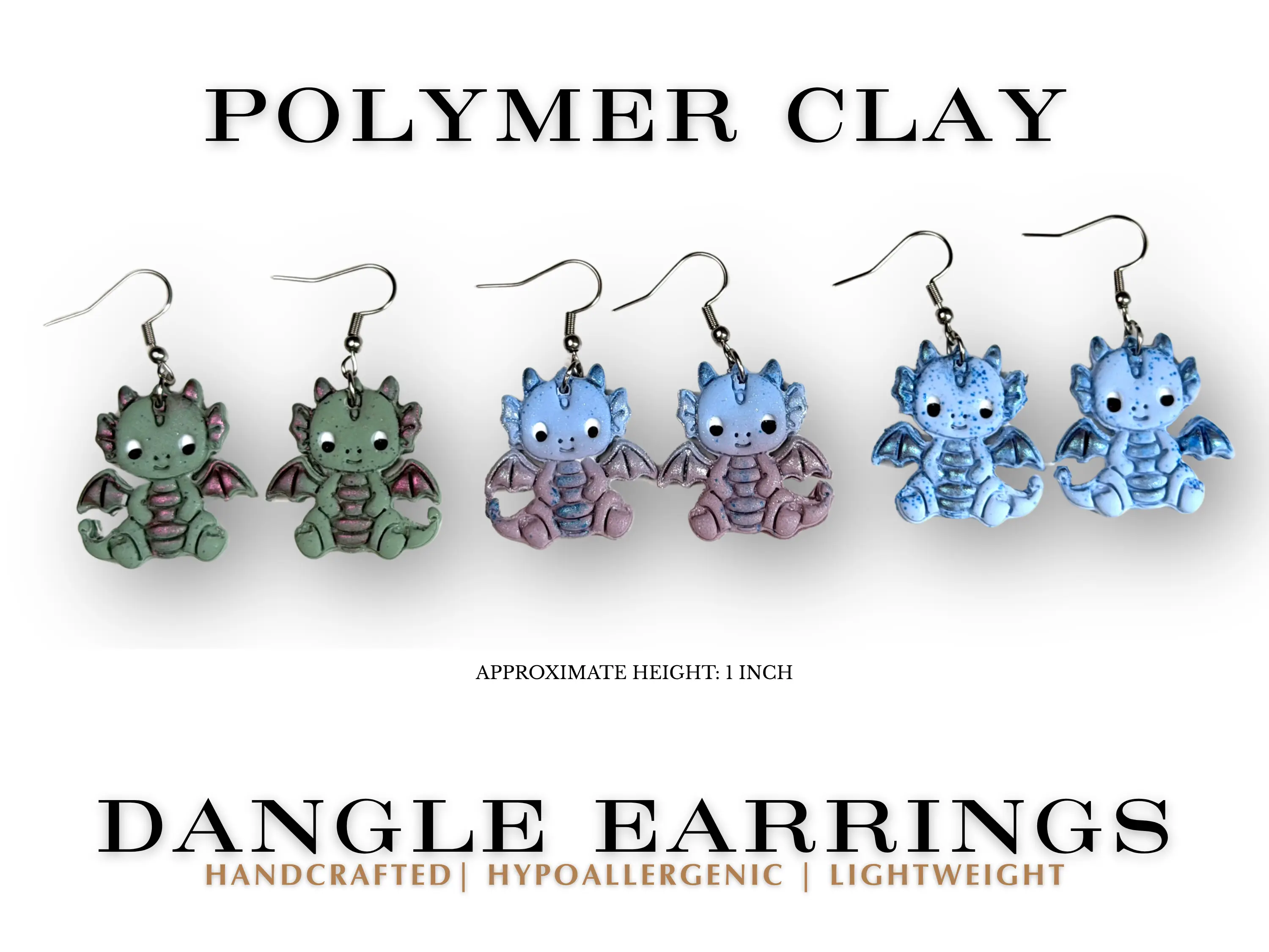 Baby Dragon Polymer Clay Earrings | Cute Dragon Dangle Earrings | Fantasy Dragon Jewelry | Kawaii Dragon Earrings | Handmade Lightweight Gift for Her