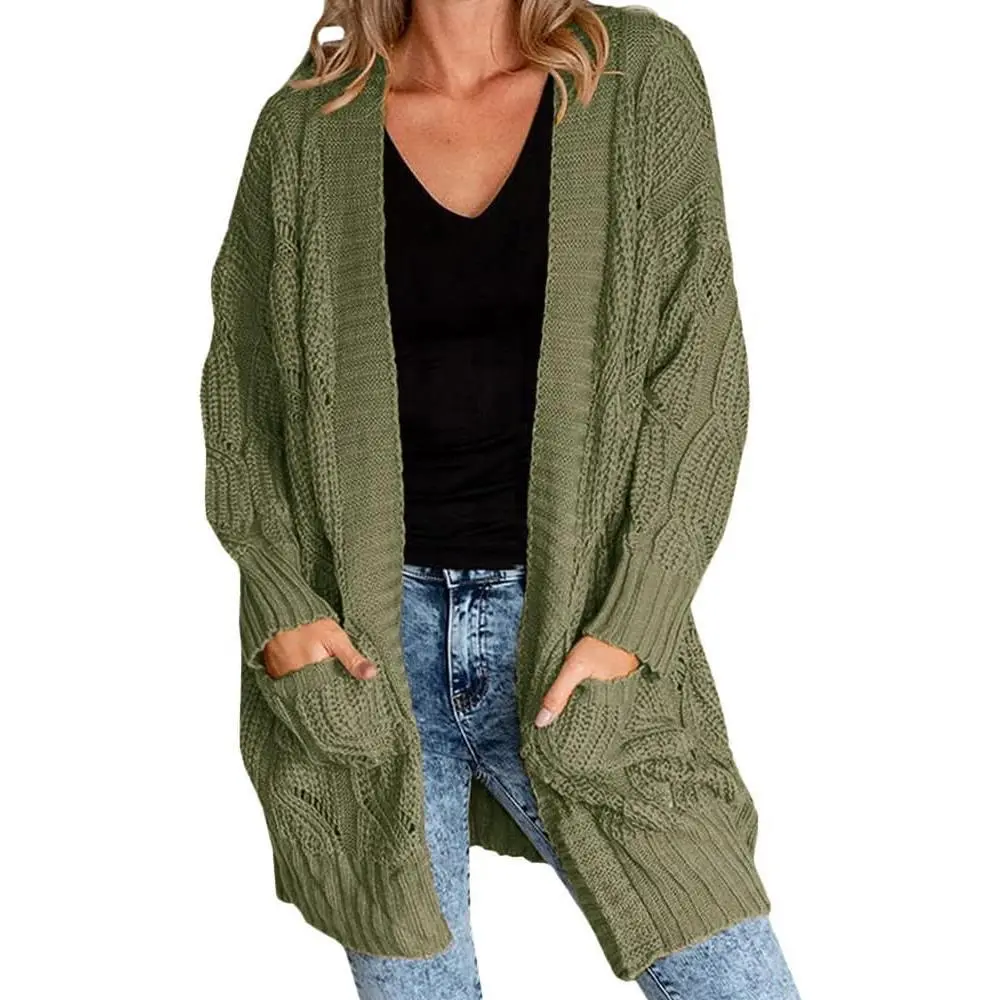 Women's Plus Size Cardigan, Soft Chunky Cable-Knit Sweater with Pockets, Casual Long Sleeve Open Front Tops