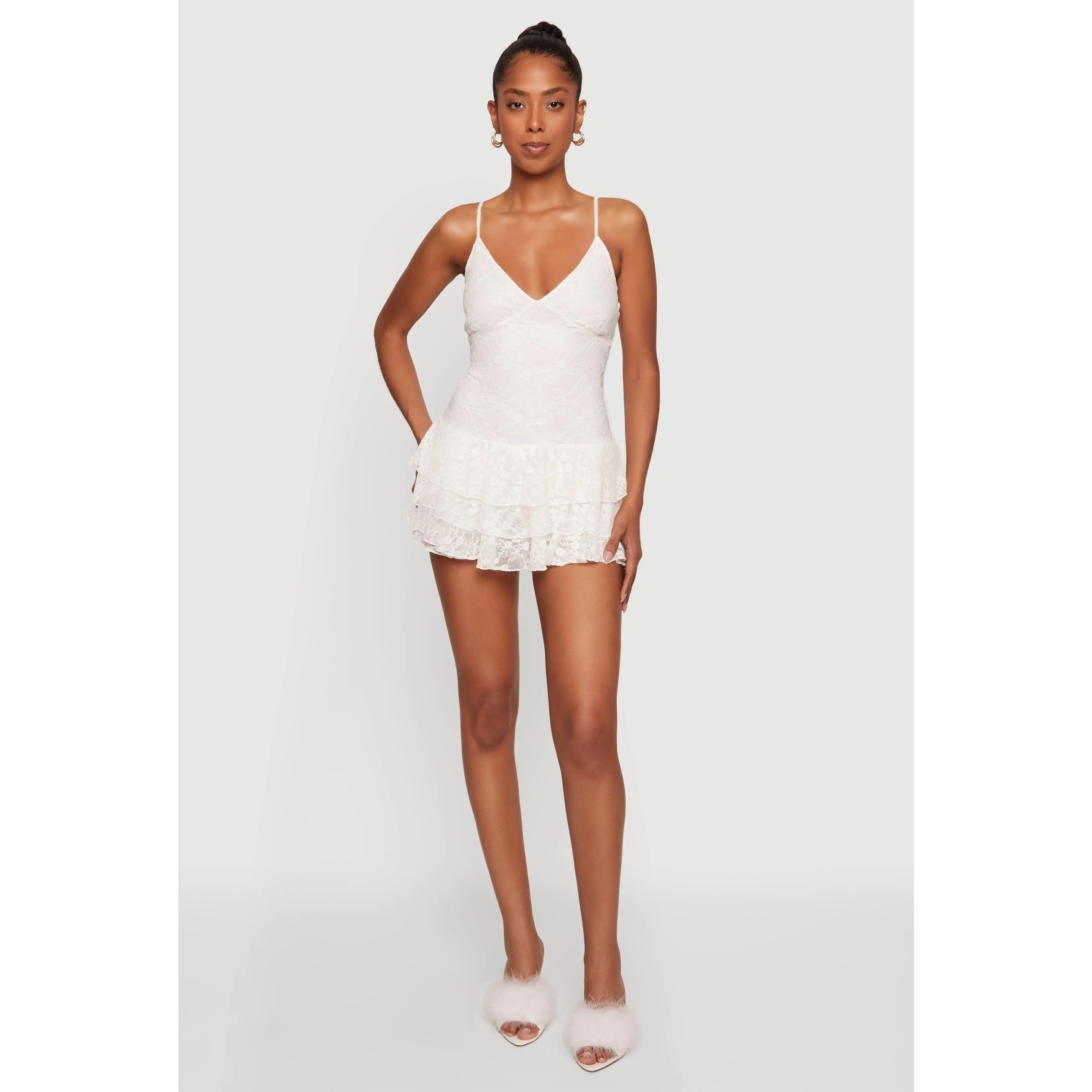 Almost Famous Lace Ruffle Tiered Cami Romper Almost Famous Lace Ruffle Tiered Cami Romper