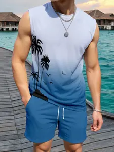Men's Summer Vacation, Tropical Palm Tree Print Sleeveless Vest and Shorts Set, Casual Slim-Fitting Above Knee Length Outfit