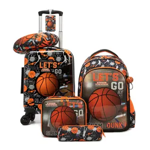 Boys 5-Piece School and Travel Bag Set | Basketball Hardshell Luggage, Backpack, Lunch Box & Pencil Case | Durable Lightweight Wheeled Suitcase Set for Kids