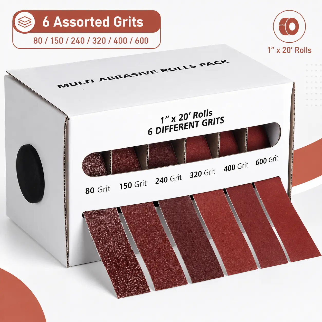 1 Inch Emery Cloth Roll, Assorted Grit Sandpaper Roll, Heavy Duty Abrasive Sanding Cloth with Dispenser Box, Durable Nylon Backing for Metal, Woodworking, Automotive Polishing & DIY Projects