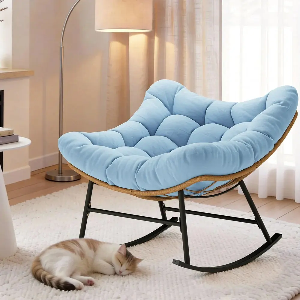 SIKAIC Sky Blue Modern Outdoor Manual Rocking Recliner Chair - Stable, Waterproof, Ergonomic Weather-Resistant Wicker Lounge Armchair with 6.7-in Extra-Thick Egg-Shaped Cushion, Reinforced Balanced Gentle Sway Base for Porch, Backyard
