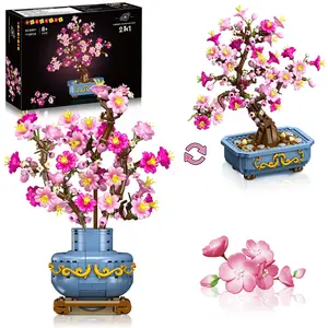 HOGOKIDS Flowers Cherry-Blossom Bonsai Building Set - 2 in 1 Artificial Bonsai Tree Plants for Home Decor & Display Cherry Botanical Building Blocks Birthday Valentine's Gift for Adults Teens (775PCS)