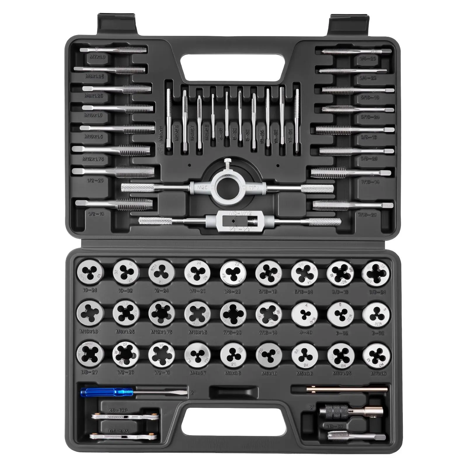 【summerfinds】VEVOR Tap and Die Set, 60-Piece Metric (M3-M12) & SAE (#4-1/2") Sizes with Coarse/Fine Threads, Thread Pitch Gauge, Adjustable Die Stock, Wrench, Carrying Case, Complete Accessories for Aluminum Alloys, Brass Threading/Rethreading, Comple