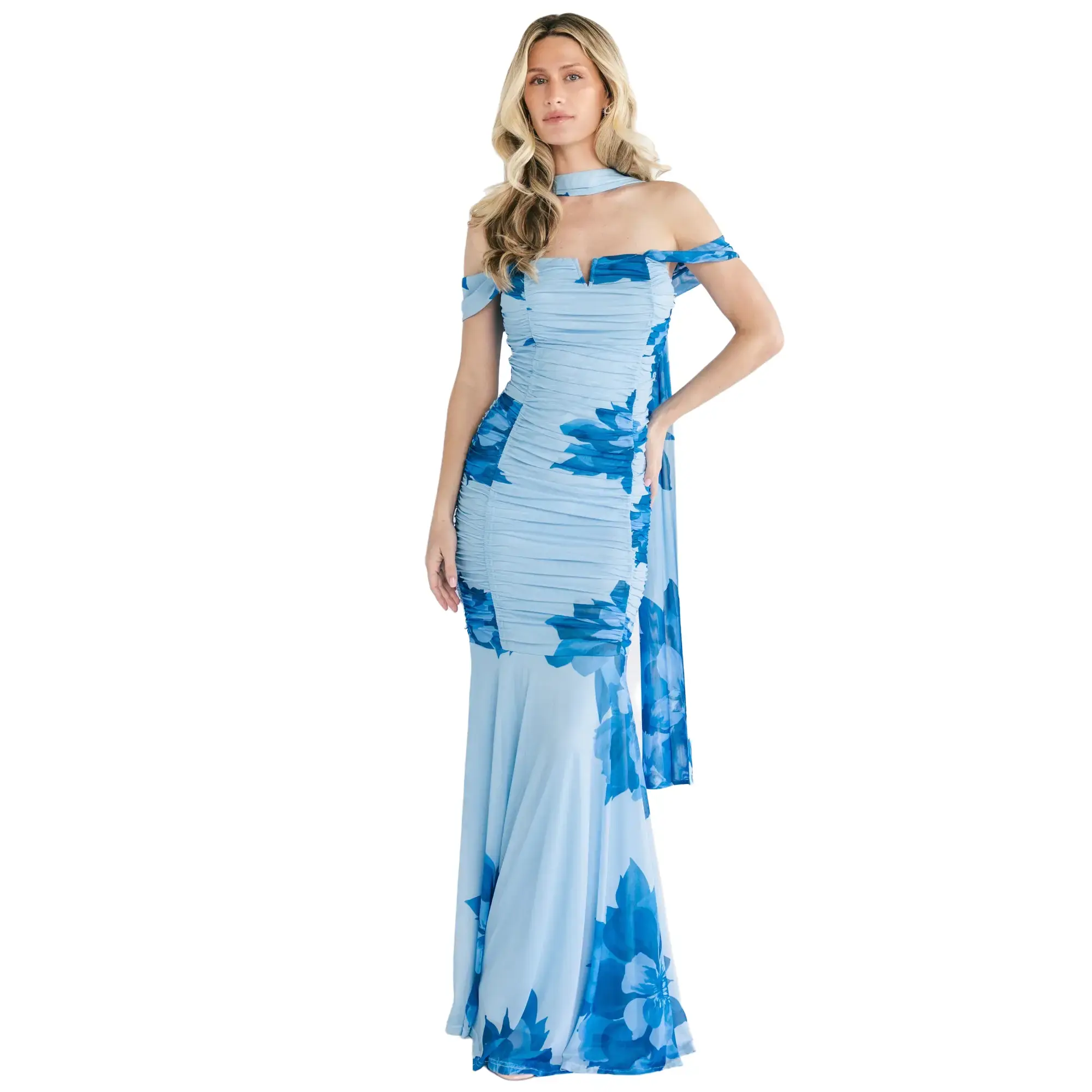 Women's Bellina Off-Shoulder Light Polyester-Spandex Maxi Dress with Scarf, Blue, Shortsleeve