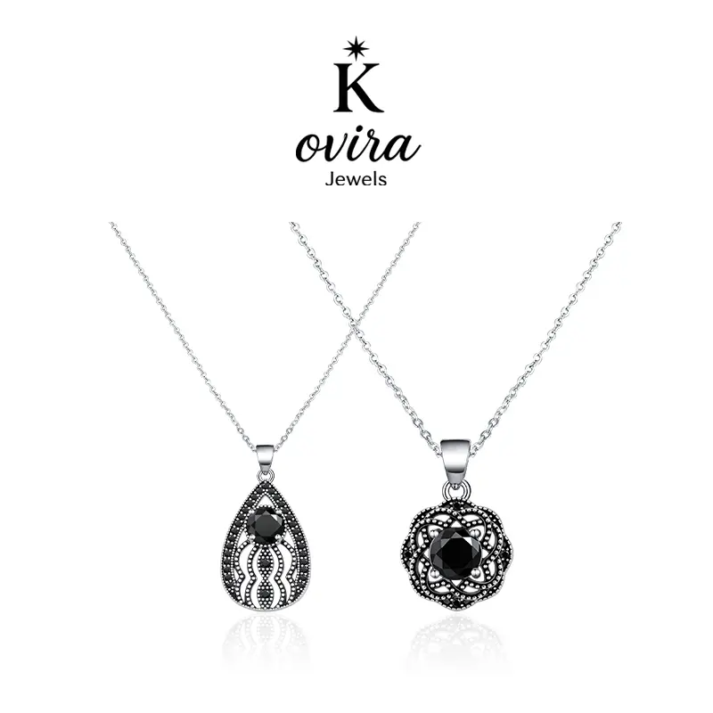 Kovira S925 Sterling Silver Vintage Black Obsidian Pendant Necklace for Women, Dark Feminine, Protection Amulet,Gothic Style, Dark Romance Gift