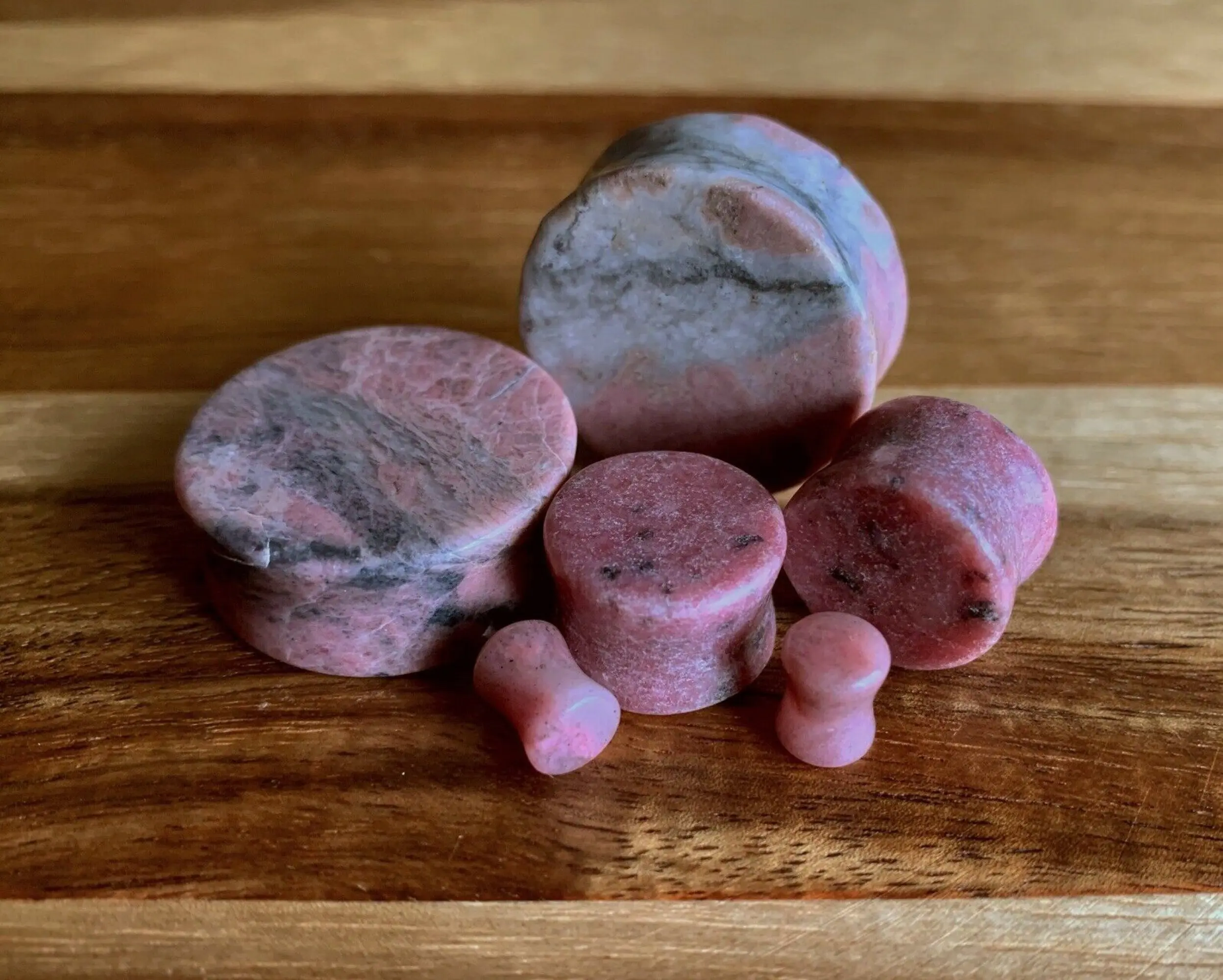 PAIR of Stunning Rhodonite Stone Plugs Organic Plugs - Gauges 8g (3mm), 2g (6mm), and 7/8" (22mm)