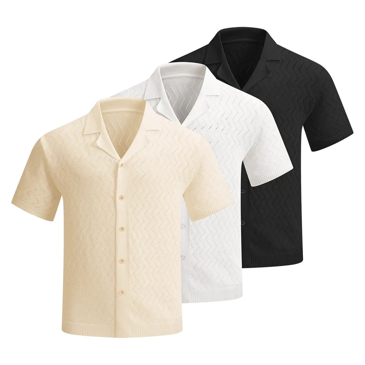Men's 3-Pack Knit Camp Collar Menswear Shirts - Breathable Openwork Button-Down Shortsleeve Tops with Chevron Texture, Lightweight Casual, Ideal for Summer, Beach, Daily Wear