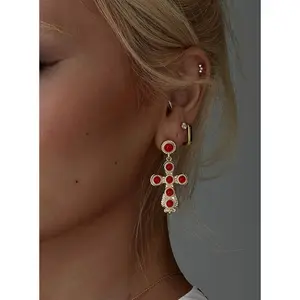 Oakwood Cross Earrings Gold / Red