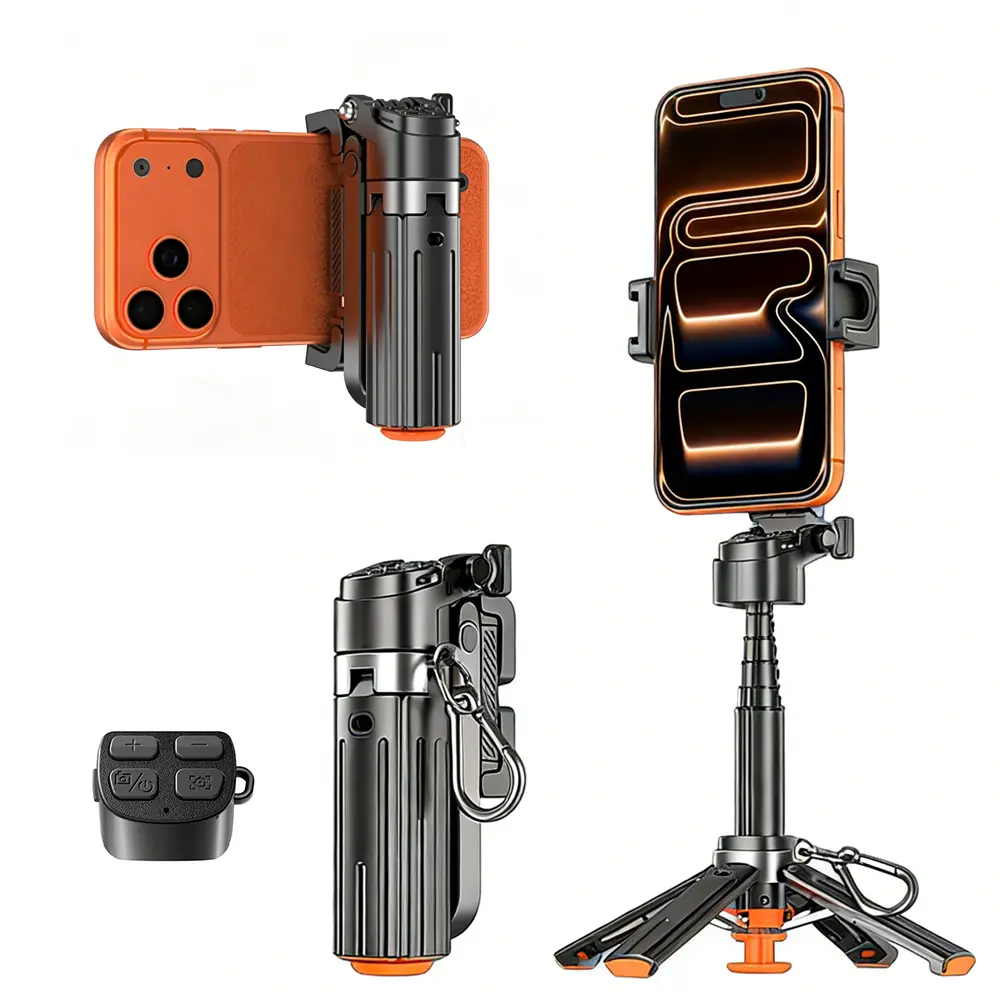 INFOJIFA 2026 Upgraded Foldable Alloy Mini Selfie Stick Grip - 360° Rotatable, Bluetooth Remote Control, Detachable Mobile Phone Mount, Lightweight Compact, Ideal for Selfies, Landscape Shooting, Compatible with Most Smartphones, Accessories, Tripod, 360-