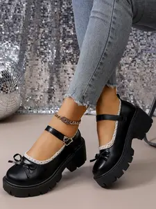 Sugar Lace Heart Buckle Chunky Thick Sole Mary Jane Shoes, Vintage College Style Small Leather Shoes, Women's Fashion Footwear