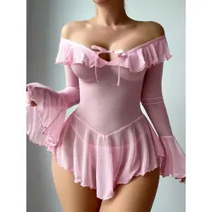 Romantic Off Shoulder Mesh Panel Pleated Long Sleeve Nightdress Set Pink Polyester Ruffle Bralettes & Dress Cozy Elegant Loungewear Adjustable Style