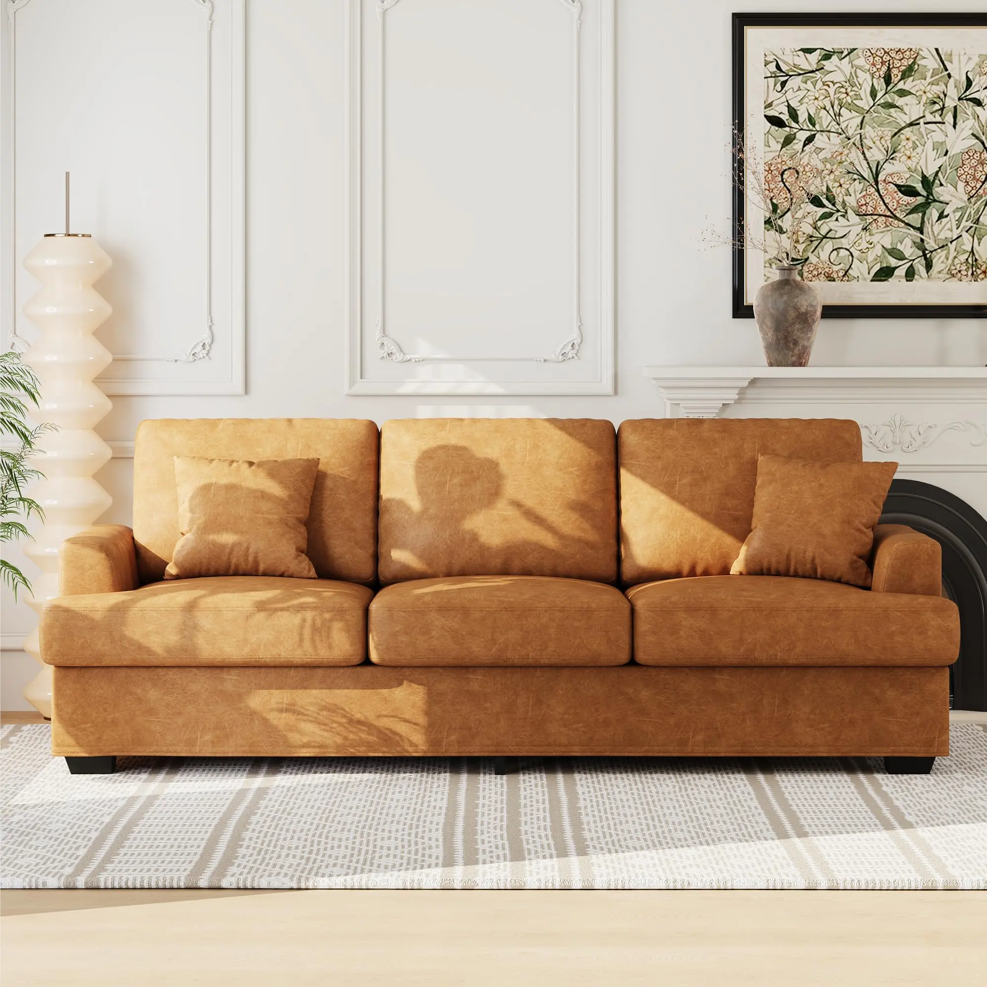 Garvee Modern Faux Leather Sofa - 86in Deep Seating Sofa with Removable Cotton-Polyurethane Cover, 2 Throw Pillows, Ideal for Small Spaces, Dorms, Apartments, Brown (Faux Leather Sectional Loveseat), Modern Upholstered Sofa
