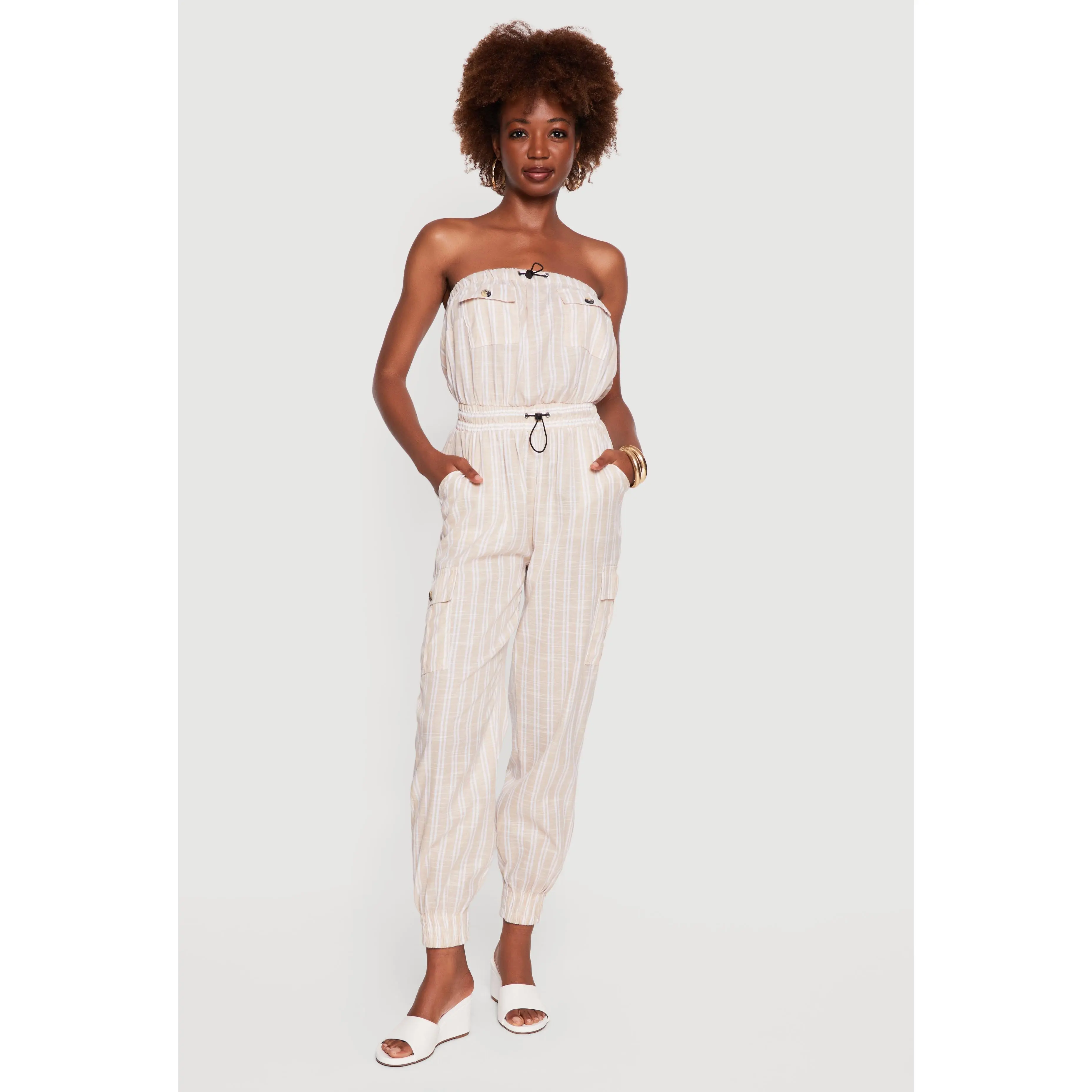Striped Toggle Drawstring Cargo Pocket Jumpsuit