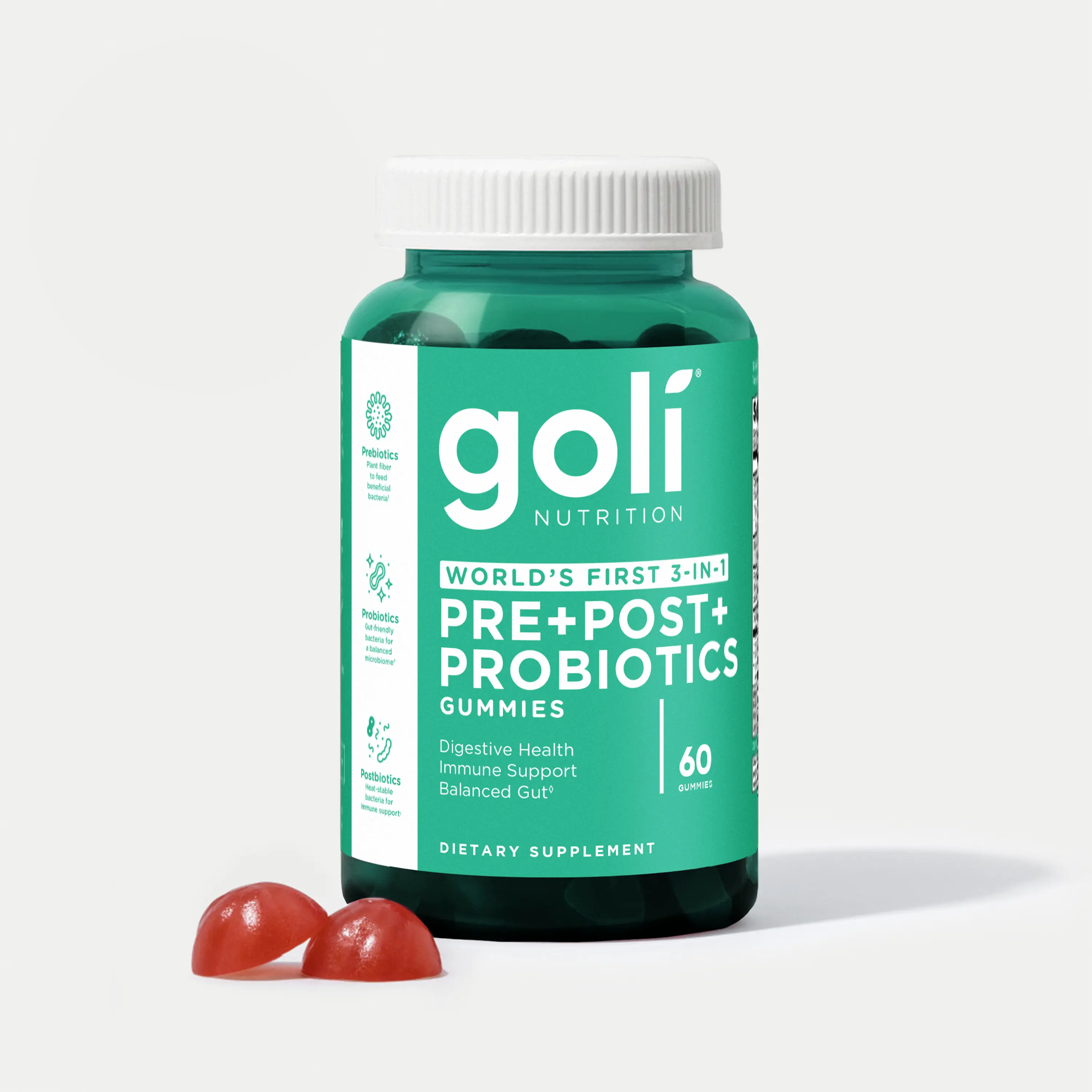 Goli Pre, Post, Probiotics Gummy - World's First 3-in-1 Gluten-Free, Vegan, Non-GMO, and Gelatin-Free. Goli Pre, Post, Probiotics Gummy - World's First 3-in-1 Gluten-Free, Vegan, Non-GMO, and Gelatin-Free.