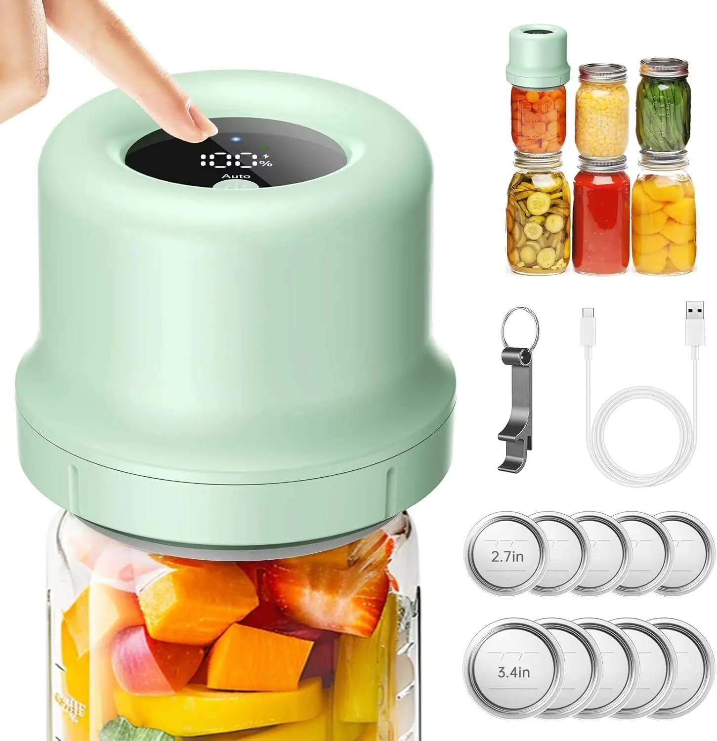 Rechargeable Electric Mason Jar Vacuum Sealer, 85Kpa Strong Suction Plastic Body, Fits Wide & Ordinary Jars, Vacuum Bag Compatibility, Automatic Sealing, Ultra-Long Energy Storage, Hands-Free Operation