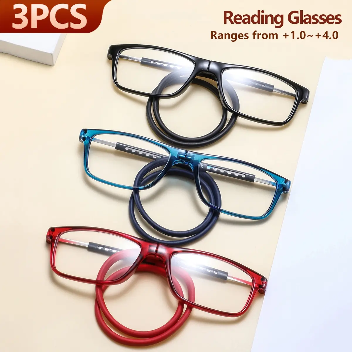 Women's Plastic Square Magnetic Over-Ear Detachable Reading Glasses, Reading Eyeglasses, Retro Simple Casual Fashion, Daily Home Use, 3 Pairs Set