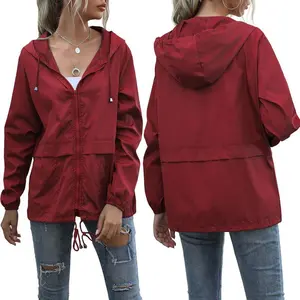 Women Water Resistant Hooded Jacket, Solid Color Zipper Open Front Drawstring Coat, S/ M/ L/ XL/ XXL