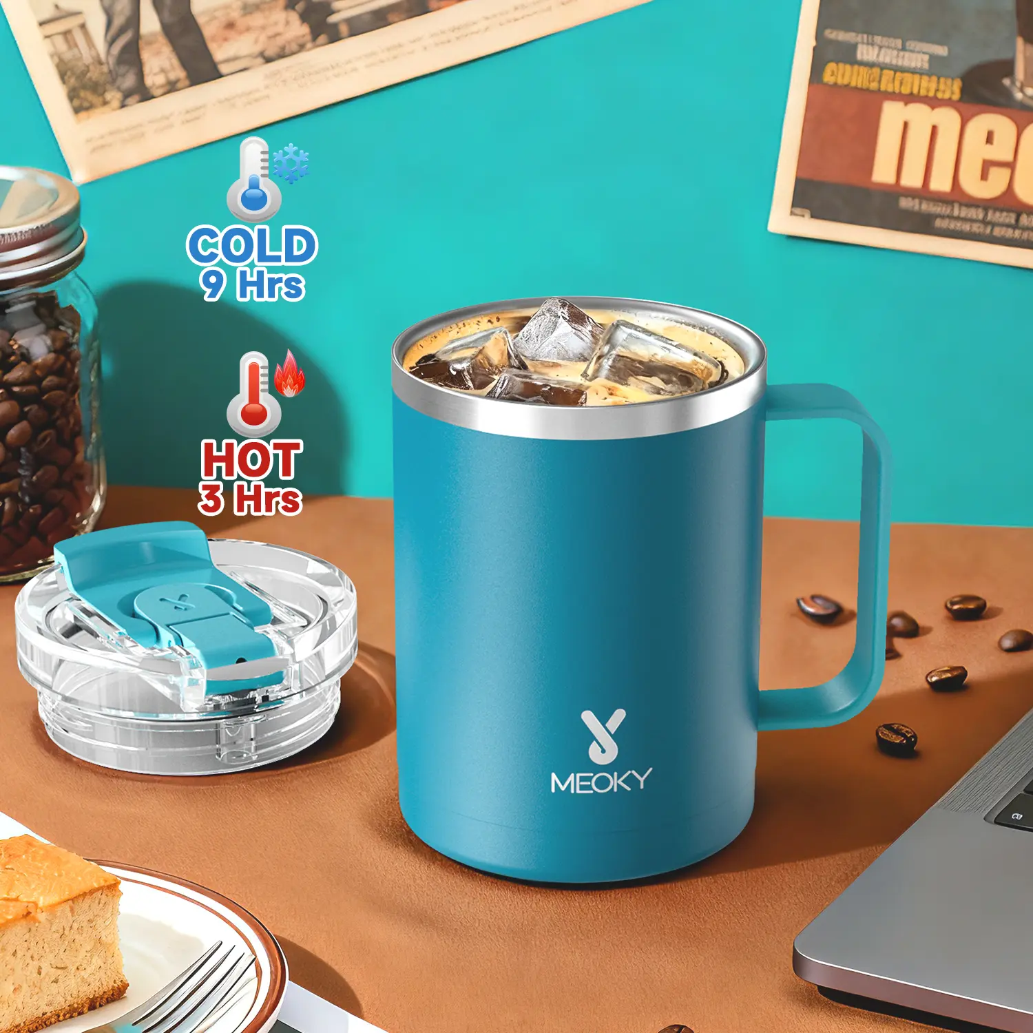 Meoky 14oz Insulated Coffee Mug:Stainless steel body with Tritan lid, double-walled vacuum cup,hot water mug suitable for indoor and office use#TikTokShopSummerSale