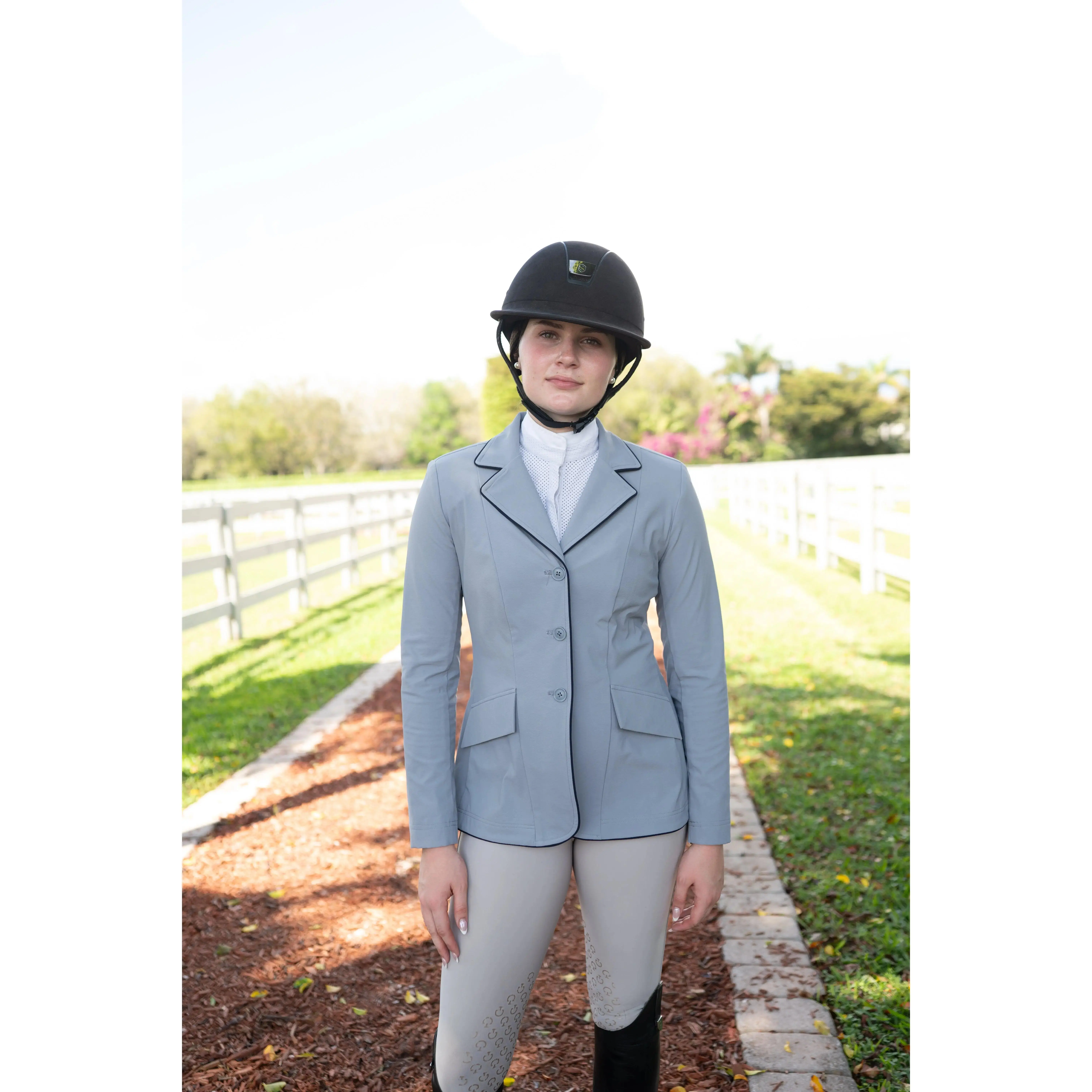 Grand Prix Ladies EQJ 3 Button Show Coat, Cadet Blue with Navy Piping