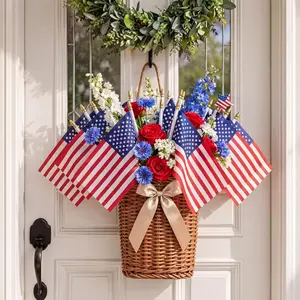 Xuhal Patriotic Woven Hanging Basket Decoration 4th of July Front Door Basket with American Flag and Ribbon Hanging Arrangement for Independence Day Home Farmhouse Decor Garden