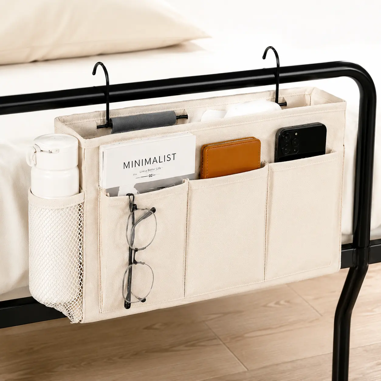 Bedside Caddy Organizer with Fixed Straps, Hanging Bed Storage Bag with Water Bottle Holder, Large Capacity Bedside Pocket for Dorm Room, College, Bunk Bed, Hospital Bed Rails & Home