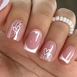 Curvlife short squoval heart Nail Art Press On Nails glitter pink glossy shiny for valentines day 2 Week Wear