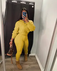 USBoutique Chic Two-piece Set Women's Solid Drop Shoulder Cable Knit Crop Sweater & High Waist Pants. Casual Fashion Cozy Plush Outfits for Daily Outdoor Wear, Women Clothes for Fall & Winter, Fall Outfits. Green Hoodie Girl, Drop Shoulder Sweater