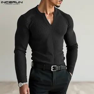 INCERUN Men's 2025 Fall Versatile Fashion Knitted Slim-Fit Long-Sleeve Sweater, Soft Comfortable Fabric, Ideal For Casual Wear Or Layering. SpringStatements