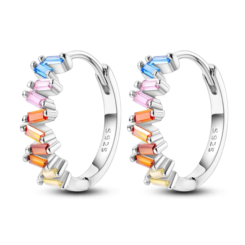 S925 Plated Silver Rainbow CZ Hoop Earrings for Women - Hypoallergenic Colorful Baguette Huggie Hoops Everyday Jewelry
