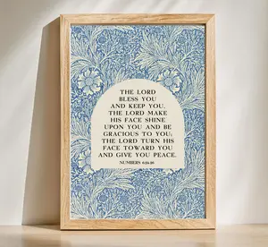 Christian Blue Floral Artistic Wall Art Print - Numbers 6-24-26 "The Lord Bless You and Keep You" Scripture Artwork, Home Decoration Gift for Wall Decor