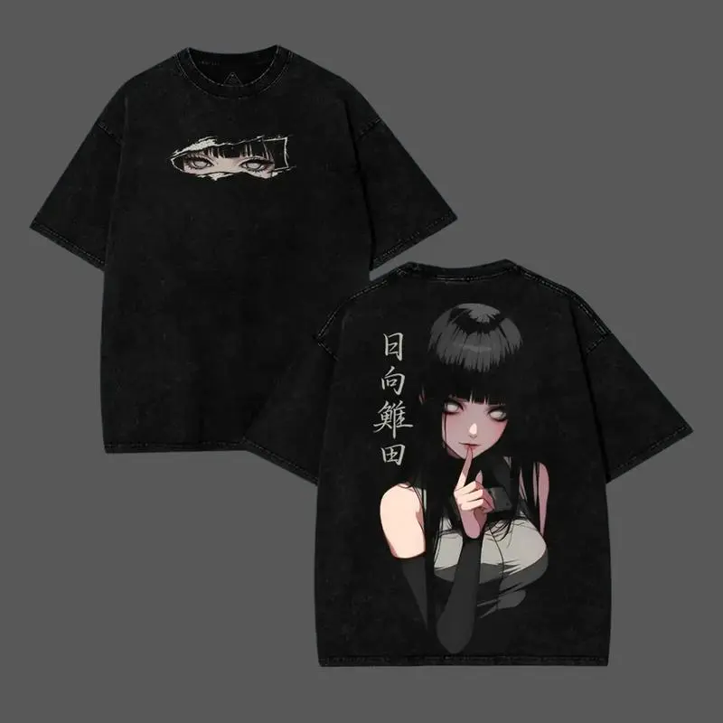Menswear Oversized Naruto Hinata Comic Art T-Shirt - Unisex Otaku Style Apparel, 230gsm Heavyweight Washed Cotton Shortsleeve Round Neck Anime Streetwear Tee, Seamless, Classic, Oversized Tee
