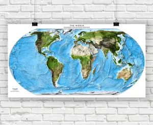Equal Earth World Exaggerated Relief Enhanced Satellite Image Coverage Wall Map