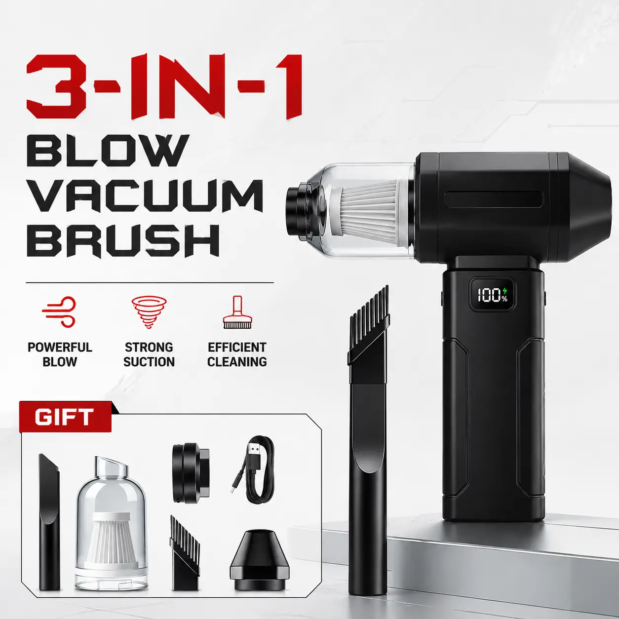 【Back to school】3-in-1 Electric Air Duster Vacuum Cleaner, Rechargeable Cordless Mini Blower with Brush Attachment, Portable Dust Cleaner & Car Detailing Tool for Keyboard, Computer, PC, Laptop, Electronics, Car Interior, Pet Hair, Home, Office Cleaning,