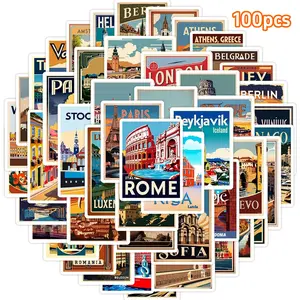 100pcs Aesthetic Europe Landmark, Scrapbooking Stickers, Multi-functional Vintage Vinyl Reusable Decals for Professionals, Durable Travel Scenery Decor for Laptop & Water Bottle, No-Residue Office Supplies Decor