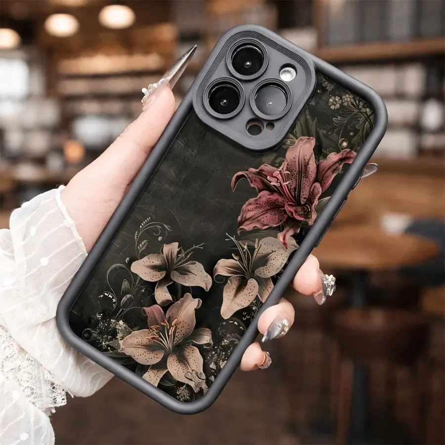 Dark Floral for phone case, compatible with iPhone 17 Pro Max, 16 Pro Max，15 Pro, 14, 13, 12, 11, XR, XS Plus, SE, Mini. Made from soft TPU shock-resistant silicone material, this stylish street-style gift is perfect for any occasion.