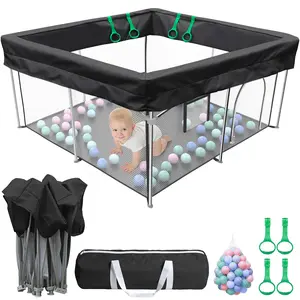 Foldable Baby Playpen 50x50 Inch Portable Play Yard for Babies & Toddlers Safety Fence Play Area with 50 Balls 4 Pull Rings & Carry Bag Indoor Outdoor Baby Activity Center Black