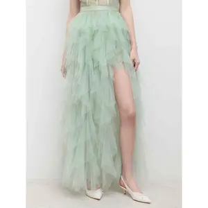 Cider Voluminous Mesh Mid Rise Ruffle Hem Tulle Maxi Skirt