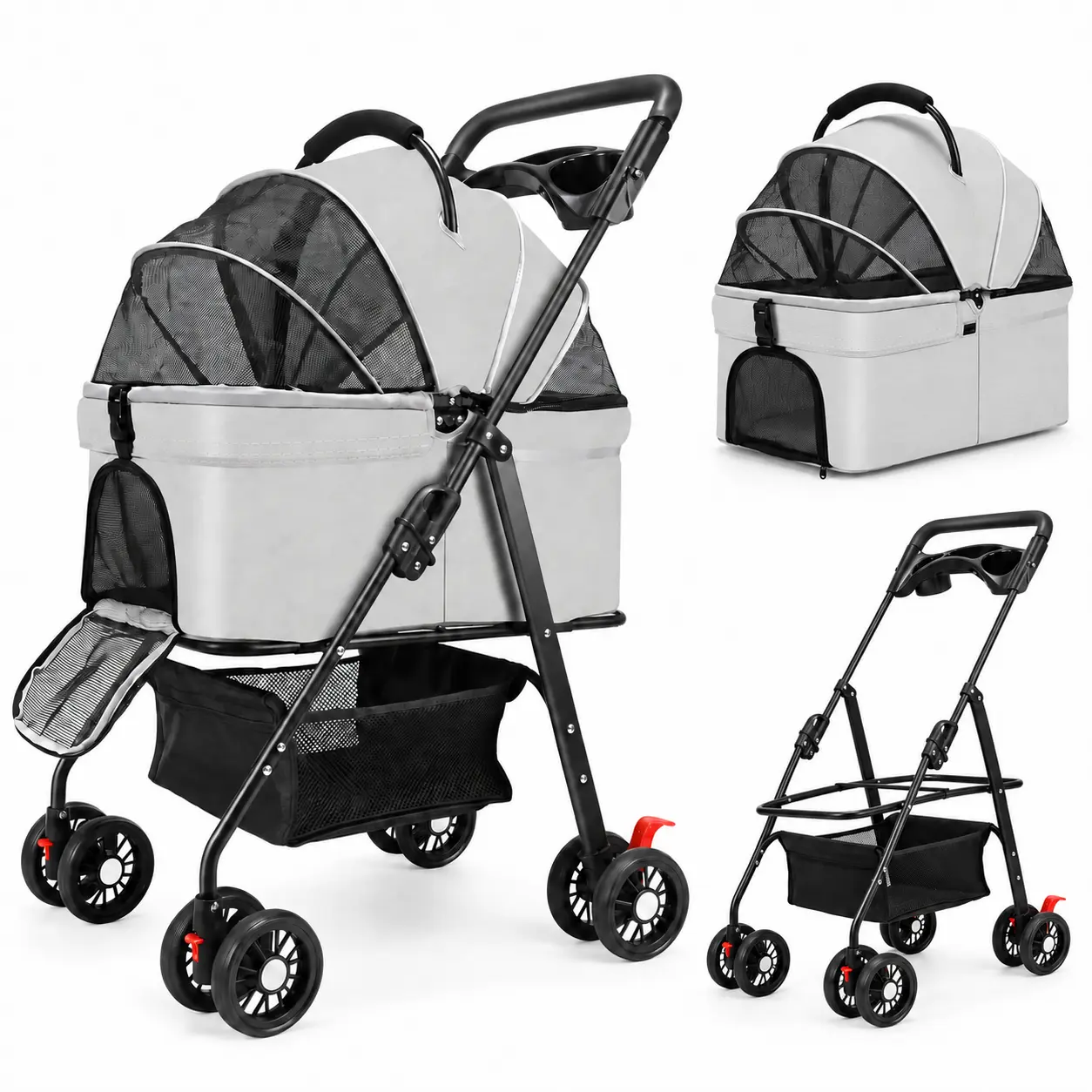 Detachable Pet Stroller for Small Dogs & Cats - Removable Carrier Basket, Foldable Travel Pushchair with Cup Holder, Pushchair Mode Compatible